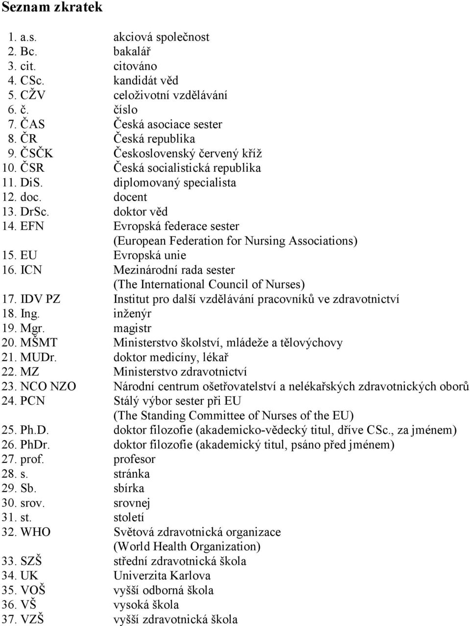 EFN Evropská federace sester (European Federation for Nursing Associations) 15. EU Evropská unie 16. ICN Mezinárodní rada sester (The International Council of Nurses) 17.