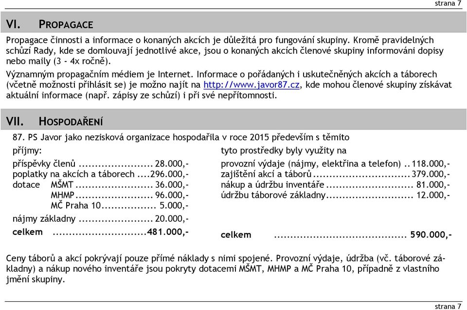 Informace o pořádaných i uskutečněných akcích a táborech (včetně možnosti přihlásit se) je možno najít na http://www.javor87.cz, kde mohou členové skupiny získávat aktuální informace (např.