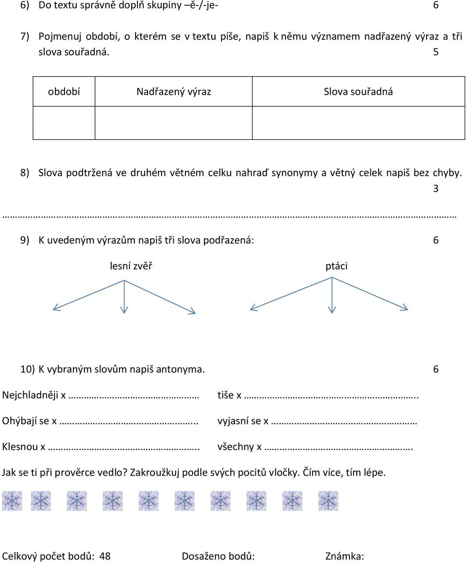 3 9) K uvedeným výrazům napiš tři slova podřazená: 6 lesní zvěř ptáci 10) K vybraným slovům napiš antonyma. 6 Nejchladněji x Ohýbají se x... Klesnou x.