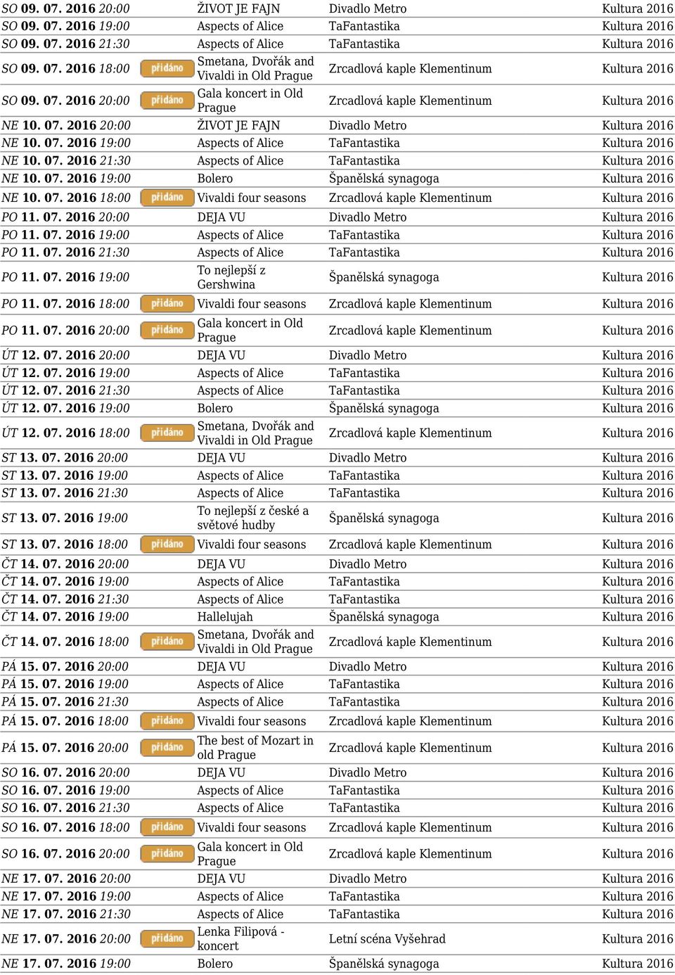 07. 2016 19:00 Bolero NE 10. 07. 2016 18:00 Vivaldi four seasons PO 11. 07. 2016 20:00 DEJA VU Divadlo Metro Kultura 2016 PO 11. 07. 2016 19:00 Aspects of Alice TaFantastika Kultura 2016 PO 11. 07. 2016 21:30 Aspects of Alice TaFantastika Kultura 2016 PO 11.