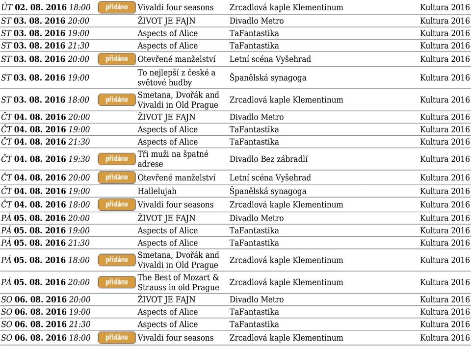 08. 2016 21:30 Aspects of Alice TaFantastika Kultura 2016 ČT 04. 08. 2016 19:30 Tři muži na špatné adrese Divadlo Bez zábradlí Kultura 2016 ČT 04. 08. 2016 20:00 Otevřené manželství Letní scéna Vyšehrad Kultura 2016 ČT 04.