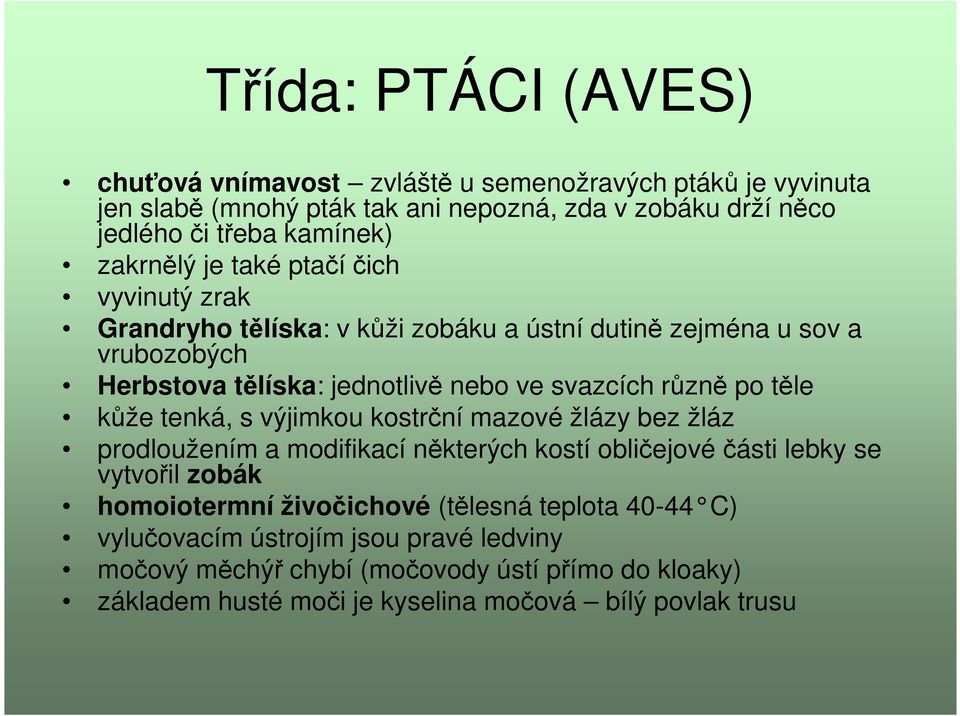 po těle kůže tenká, s výjimkou kostrční mazové žlázy bez žláz prodloužením a modifikací některých kostí obličejové části lebky se vytvořil zobák homoiotermní živočichové