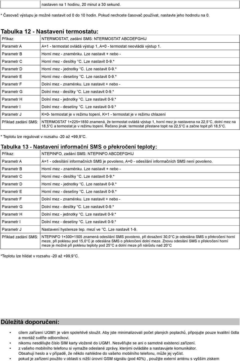 Lze nastavit + nebo - Parametr C Horní mez - desítky C. Lze nastavit 0-9.* Parametr D Horní mez - jednotky C. Lze nastavit 0-9.* Parametr E Horní mez - desetiny C. Lze nastavit 0-9.* Dolní mez - znaménku.