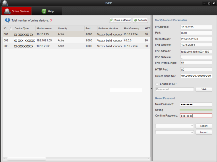 Poznámka: Figure 3-4 Rozhranísoftwaru SADP Software SADP podporuje aktivaci kamery dávkově. Více informací o softwaru SADP najdete v uživatelské příručce. 3. Vytvořte heslo, zadejte ho do pole hesla a potvrďte ho.