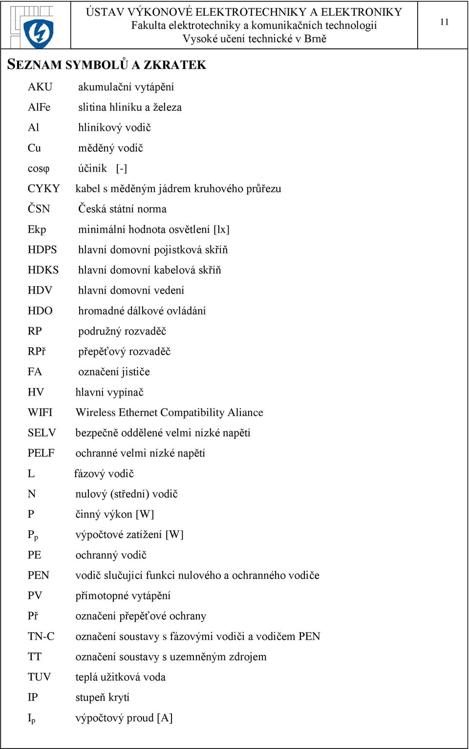 přepěťový rozvaděč FA označení jističe HV hlavní vypínač WIFI Wireless Ethernet Compatibility Aliance SELV bezpečně oddělené velmi nízké napětí PELF ochranné velmi nízké napětí L fázový vodič N