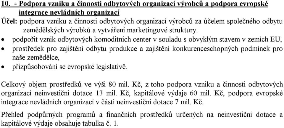 podpořit vznik odbytových komoditních center v souladu s obvyklým stavem v zemích EU, prostředek pro zajištění odbytu produkce a zajištění konkurenceschopných podmínek pro naše zemědělce,