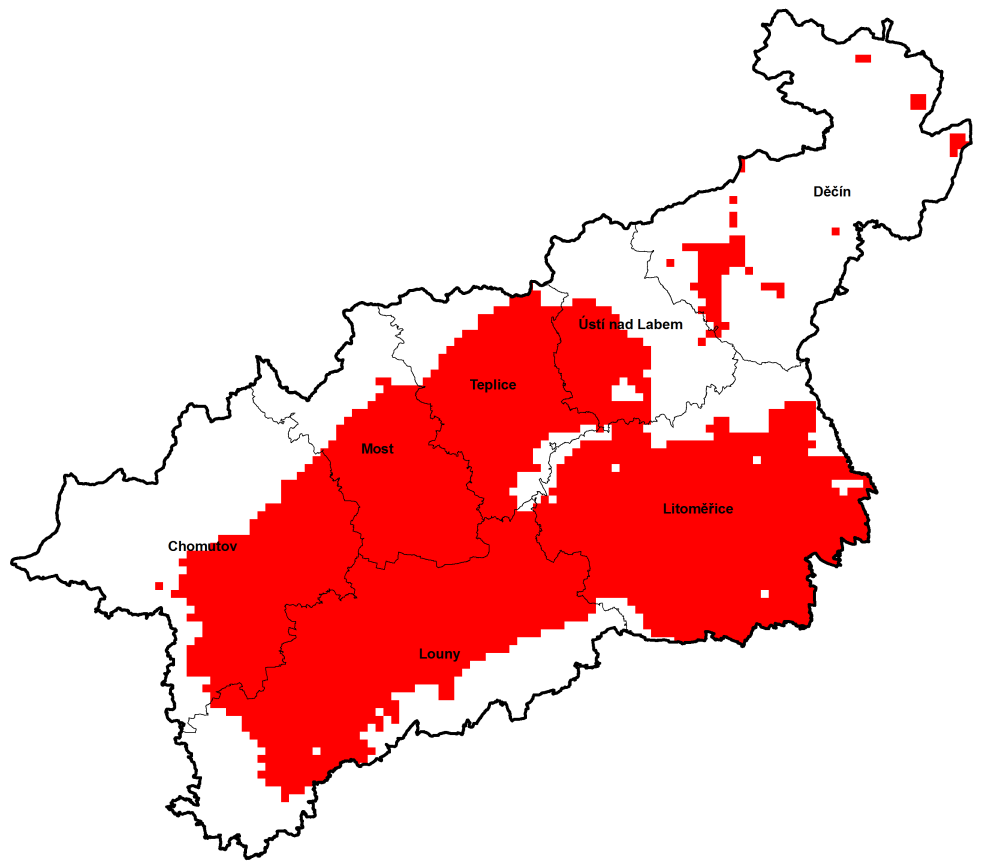 Obrázek 94: Oblasti se zhoršenou kvalitou ovzduší, Ústecký kraj, rok 2009