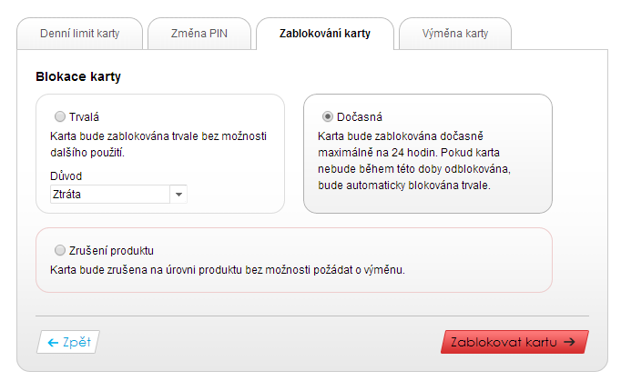 Dále v přehledu karet vidíte všechny platební karty, které jsou v různých stavech (Karta ve výrobě, Neaktivní, Aktivní, Dočasně zablokovaná a Trvale zablokovaná/zrušená).