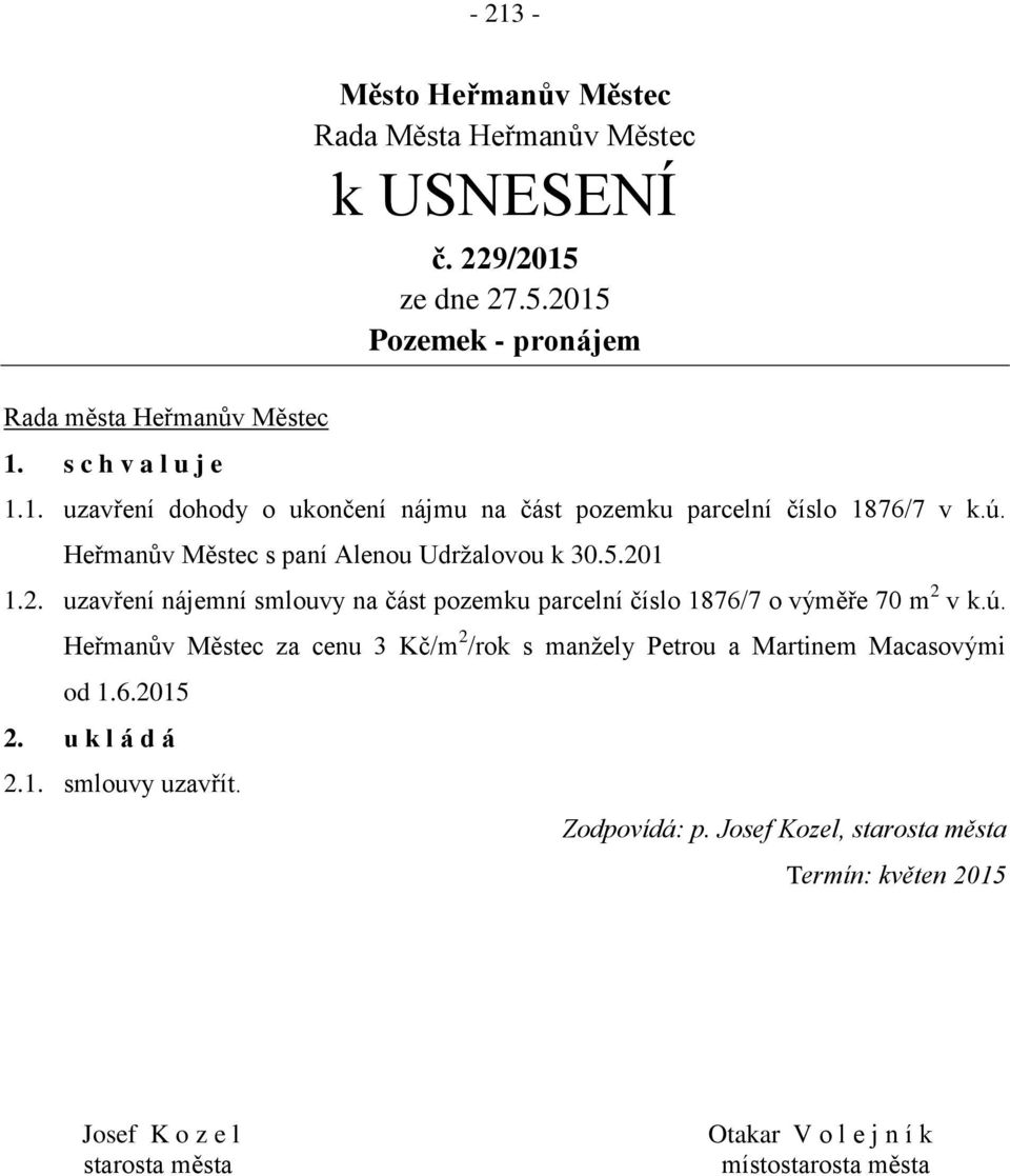 1 1.2. uzavření nájemní smlouvy na část pozemku parcelní číslo 1876/7 o výměře 70 m 2 v k.ú.