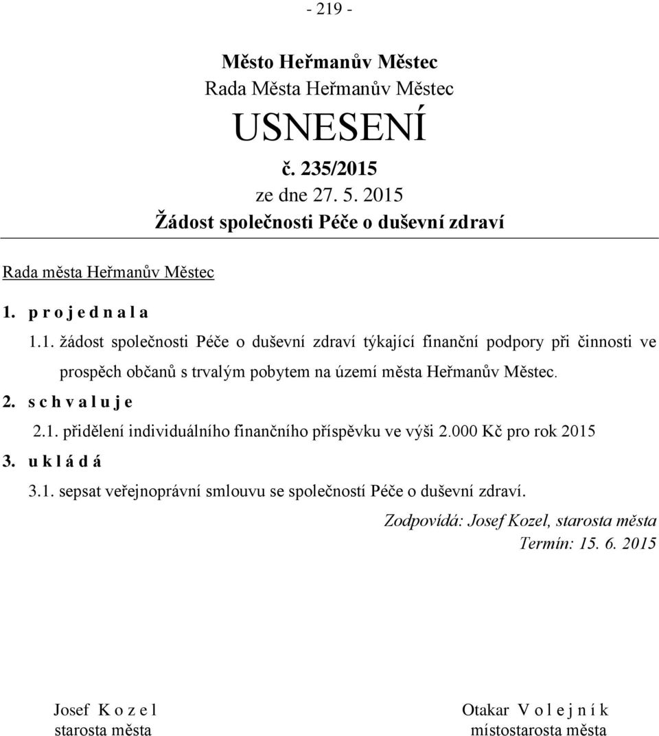 města Heřmanův Městec. 2. s c h v a l u j e 2.1. přidělení individuálního finančního příspěvku ve výši 2.