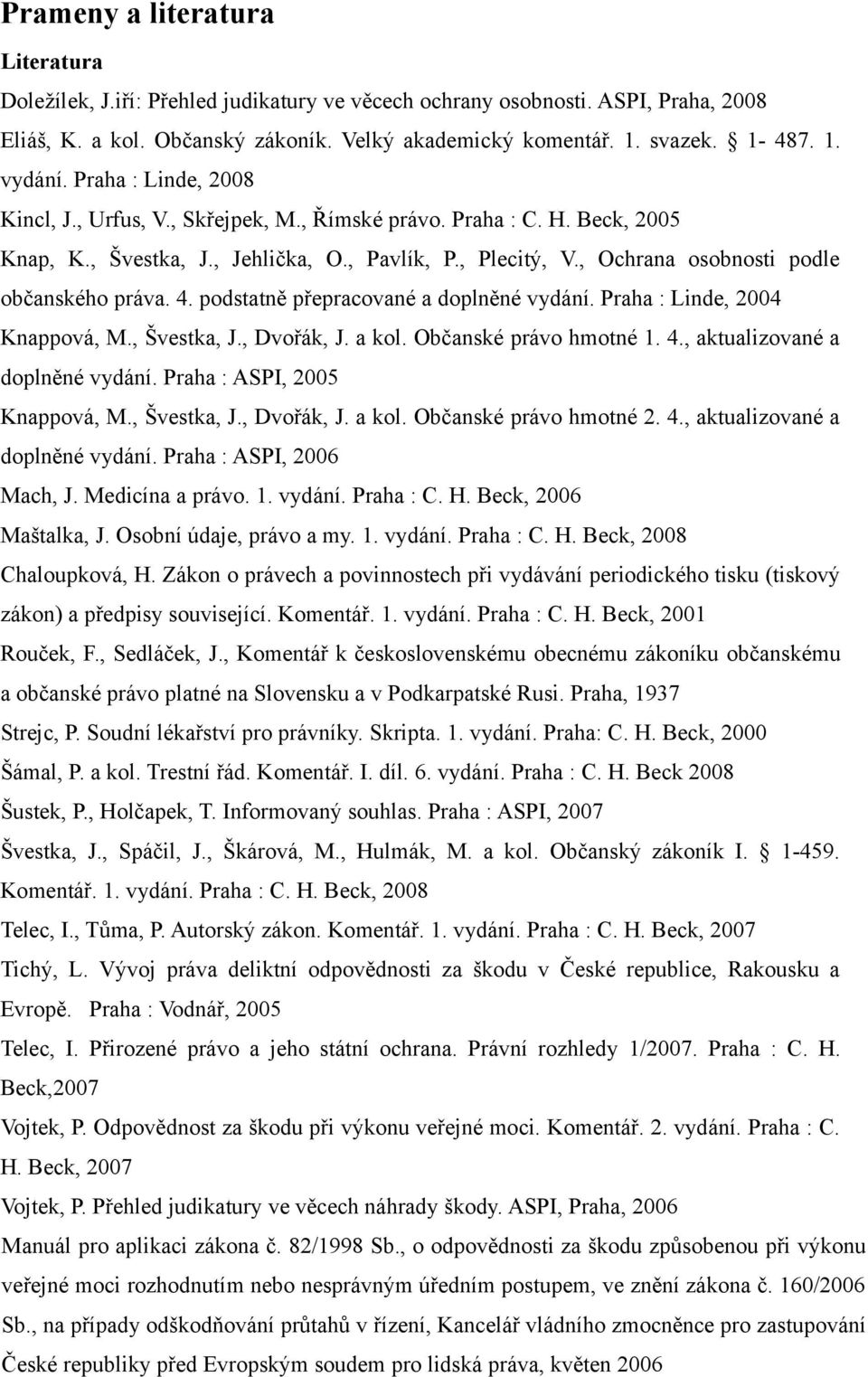4. podstatně přepracované a doplněné vydání. Praha : Linde, 2004 Knappová, M., Švestka, J., Dvořák, J. a kol. Občanské právo hmotné 1. 4., aktualizované a doplněné vydání.