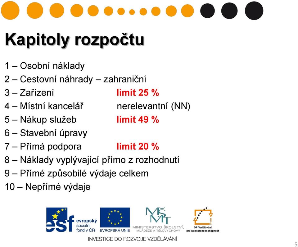 limit 49 % 6 Stavební úpravy 7 Přímá podpora limit 20 % 8 Náklady