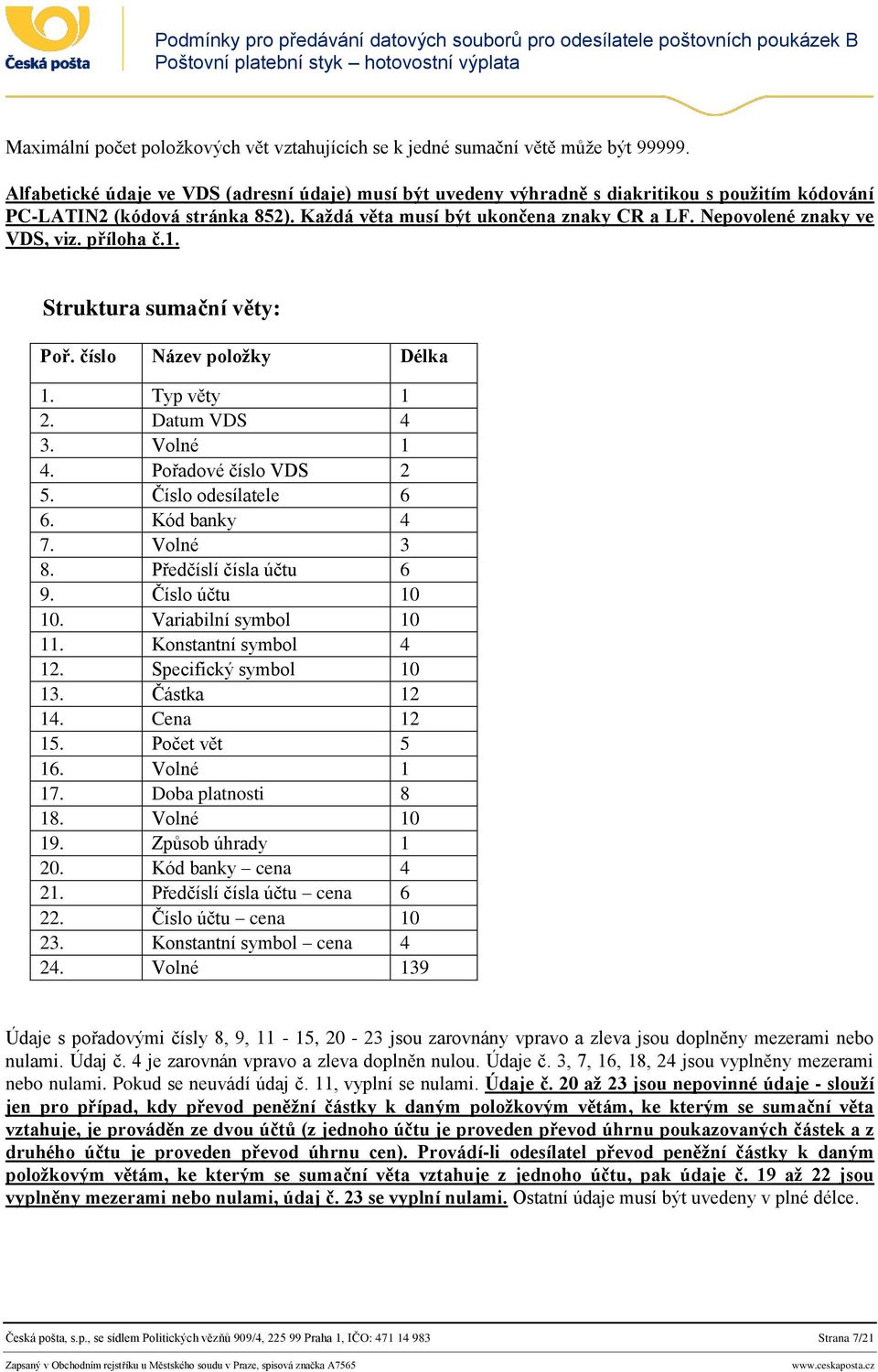 Nepovolené znaky ve VDS, viz. příloha č.1. Struktura sumační věty: Poř. číslo Název položky Délka 1. Typ věty 1 2. Datum VDS 4 3. Volné 1 4. Pořadové číslo VDS 2 5. Číslo odesílatele 6 6.