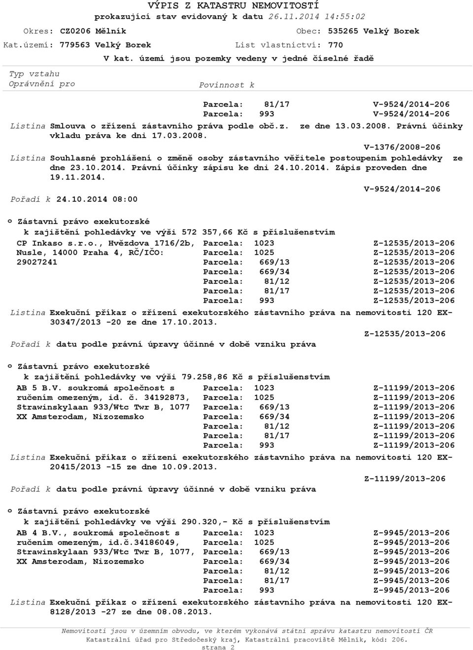 10.2014. rávní účinky zápisu ke dni 24.10.2014. Zápis prveden dne 19.11.2014. řadí k 24.10.2014 08:00 Zástavní práv exekutrské k zajištění phledávky ve výši 572 357,66 Kč s příslušenstvím C Inkas s.r.., Hvězdva 1716/2b, Nusle, 14000 raha 4, RČ/IČO: 29027241 Exekuční příkaz zřízení exekutrskéh zástavníh práva na nemvitsti 120 EX- 30347/2013-20 ze dne 17.