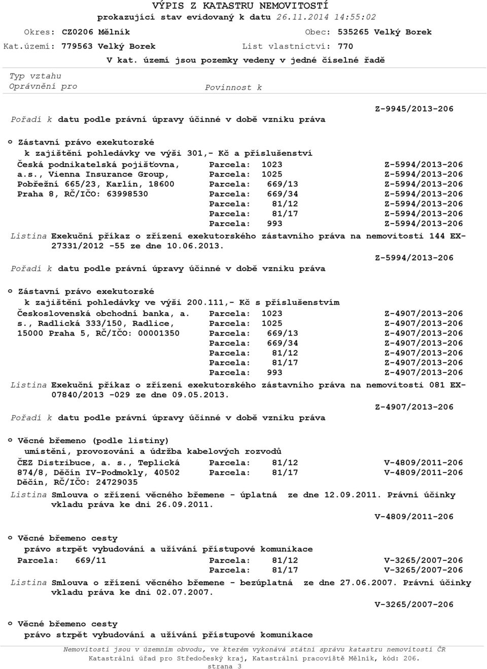 pdnikatelská pjišťvna, a.s., Vienna Insurance Grup, břežní 665/23, Karlín, 18600 raha 8, RČ/IČO: 63998530 Exekuční příkaz zřízení exekutrskéh zástavníh práva na nemvitsti 144 EX- 27331/2012-55 ze dne 10.