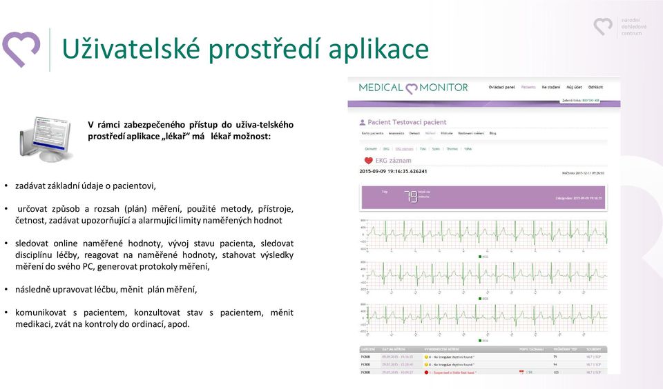 online naměřené hodnoty, vývoj stavu pacienta, sledovat disciplínu léčby, reagovat na naměřené hodnoty, stahovat výsledky měření do svého PC, generovat