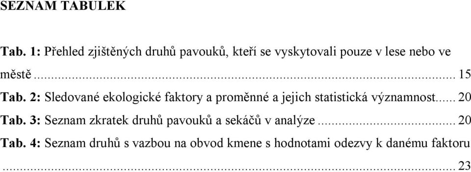 .. 15 Tab. 2: Sledované ekologické faktory a proměnné a jejich statistická významnost.