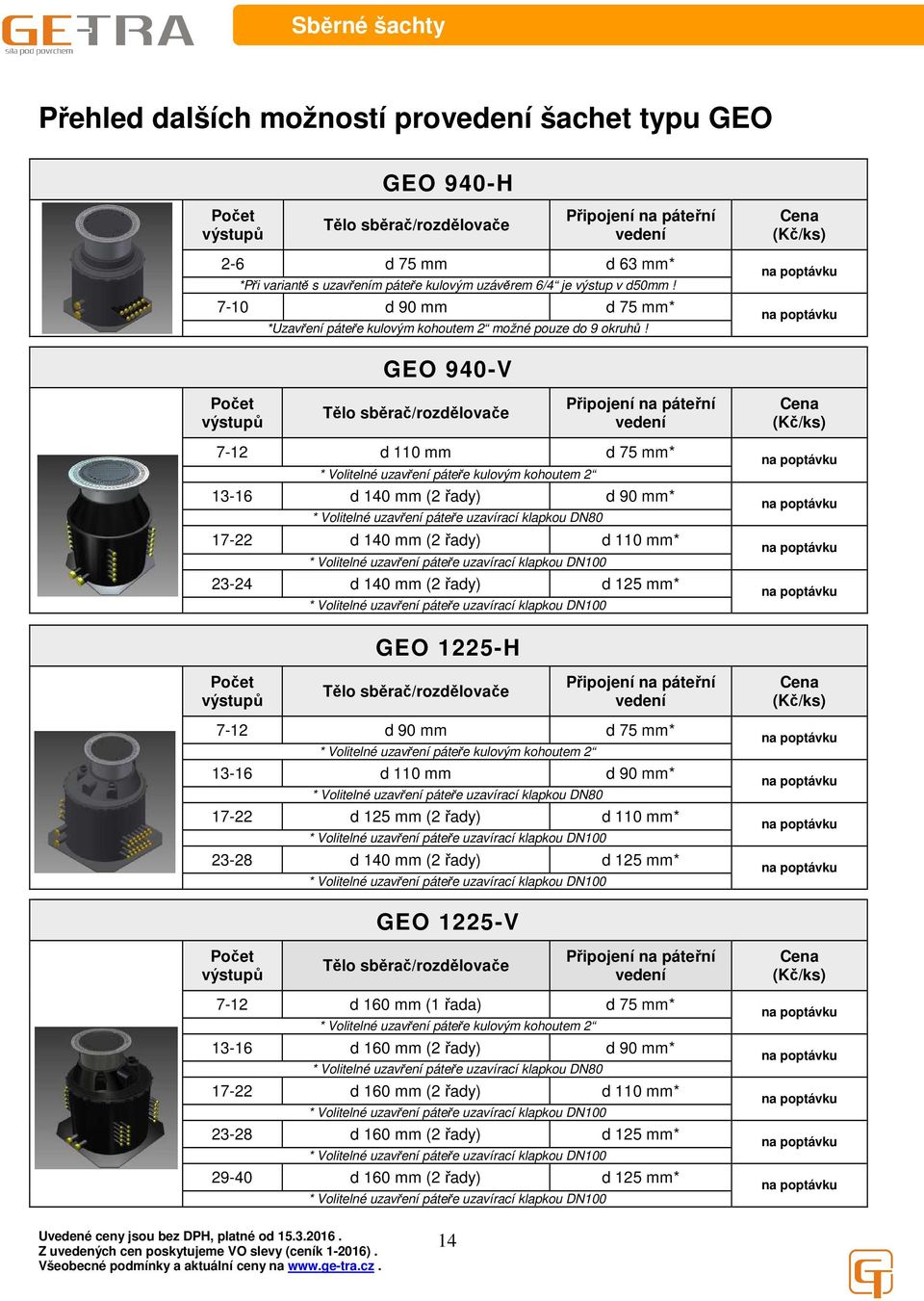 GEO 940-V Počet výstupů Tělo sběrač/rozdělovače Připojení na páteřní vedení 7-12 d 110 mm d 75 mm* * Volitelné uzavření páteře kulovým kohoutem 2 13-16 d 140 mm (2 řady) d 90 mm* * Volitelné uzavření