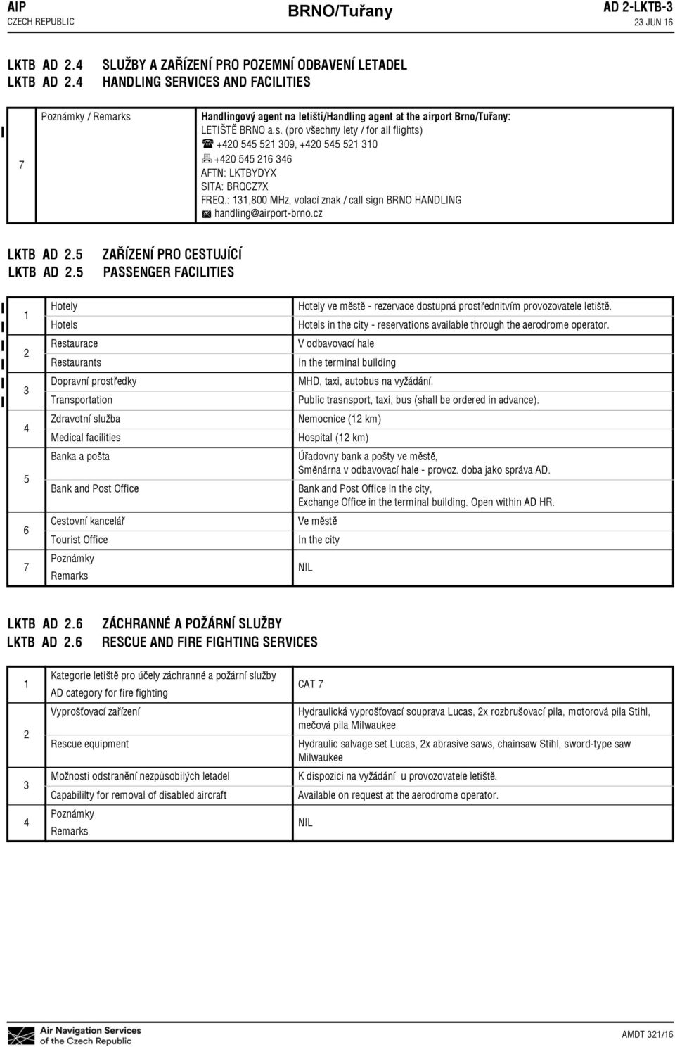 (pro všechny lety / for all flights) +420 545 521 309, +420 545 521 310 +420 545 216 346 AFTN: LKTBYDYX SITA: BRQCZ7X FREQ.: 131,800 MHz, volací znak / call sign BRNO HANDLING handling@airport brno.