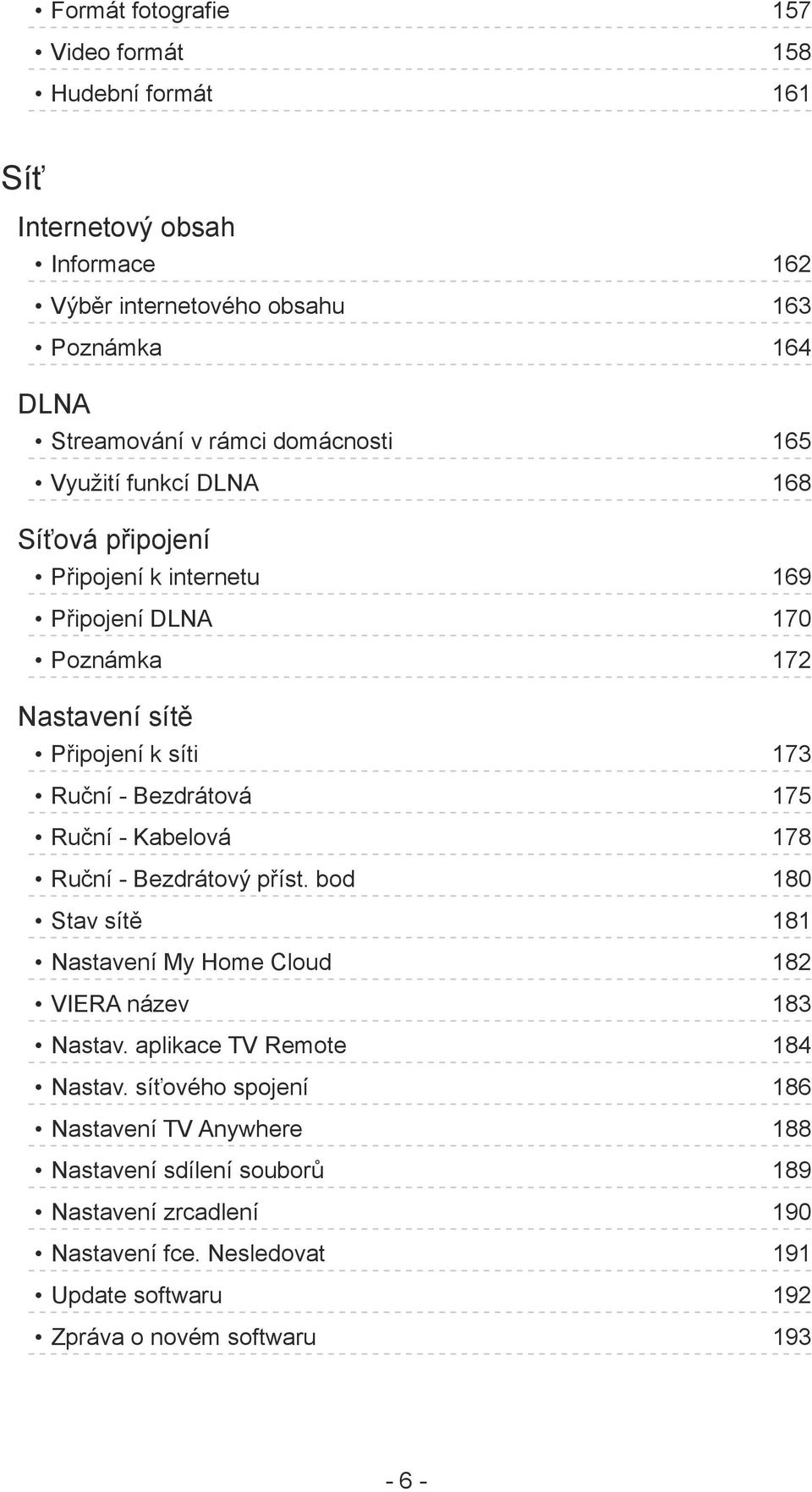 Bezdrátová 175 Ruční - Kabelová 178 Ruční - Bezdrátový příst. bod 180 Stav sítě 181 Nastavení My Home Cloud 182 VIERA název 183 Nastav. aplikace TV Remote 184 Nastav.