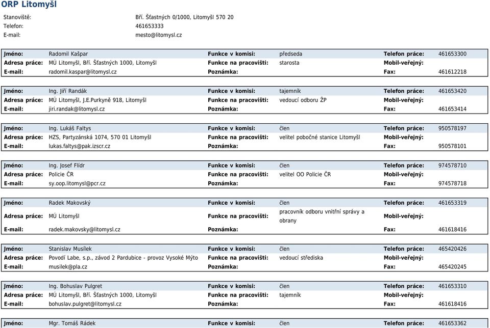 Jiří Randák Funkce v komisi: tajemník Telefon práce: 461653420 MÚ Litomyšl, J.E.Purkyně 918, Litomyšl Funkce na pracovišti: vedoucí odboru ŽP E-mail: jiri.randak@litomysl.