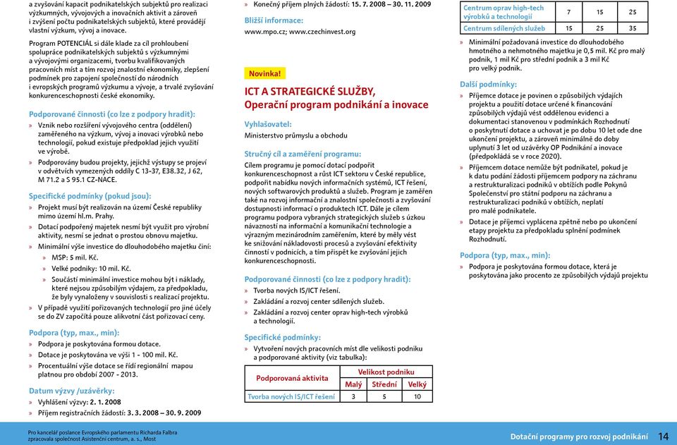 Program POTENCIÁL si dále klade za cíl prohloubení spolupráce podnikatelských subjektů s výzkumnými a vývojovými organizacemi, tvorbu kvalifikovaných pracovních míst a tím rozvoj znalostní ekonomiky,