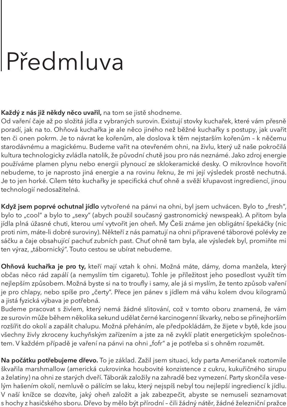 Budeme vařit na otevřeném ohni, na živlu, který už naše pokročilá kultura technologicky zvládla natolik, že původní chutě jsou pro nás neznámé.