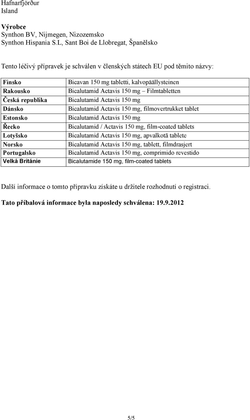 Lotyšsko Norsko Portugalsko Velká Británie Bicavan 150 mg tabletti, kalvopäällysteinen Filmtabletten, filmovertrukket tablet Bicalutamid / Actavis 150 mg, film-coated