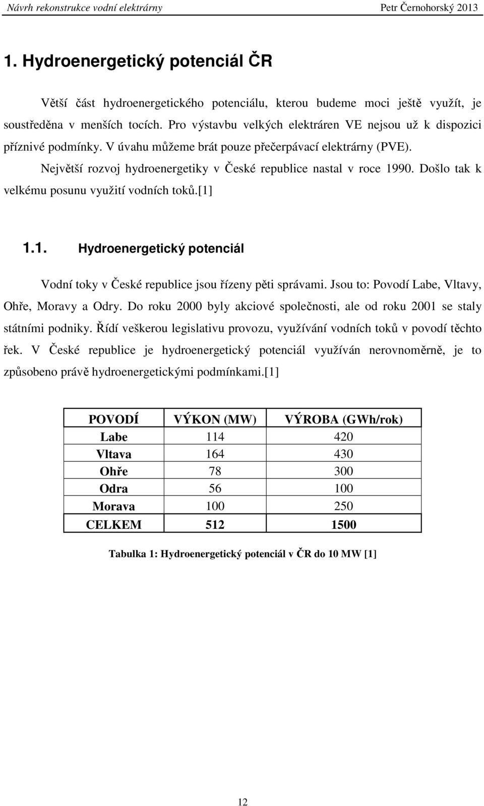 Největší rozvoj hydroenergetiky v České republice nastal v roce 1990. Došlo tak k velkému posunu využití vodních toků.[1] 1.1. Hydroenergetický potenciál Vodní toky v České republice jsou řízeny pěti správami.