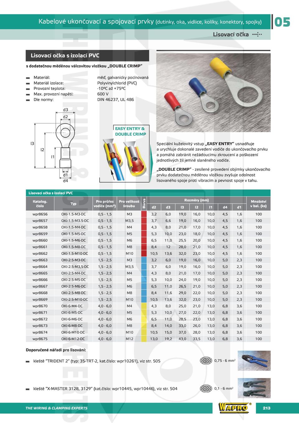 provozní napětí: 600 V Dle normy: DIN 46237, U 486 d3 d2 EASY ENTRY & DOUBE CRIMP l3 l2 l1 Speciální kuželovitý vstup EASY ENTRY usnadňuje a urychluje dokonalé zavedení vodiče do ukončovacího prvku a