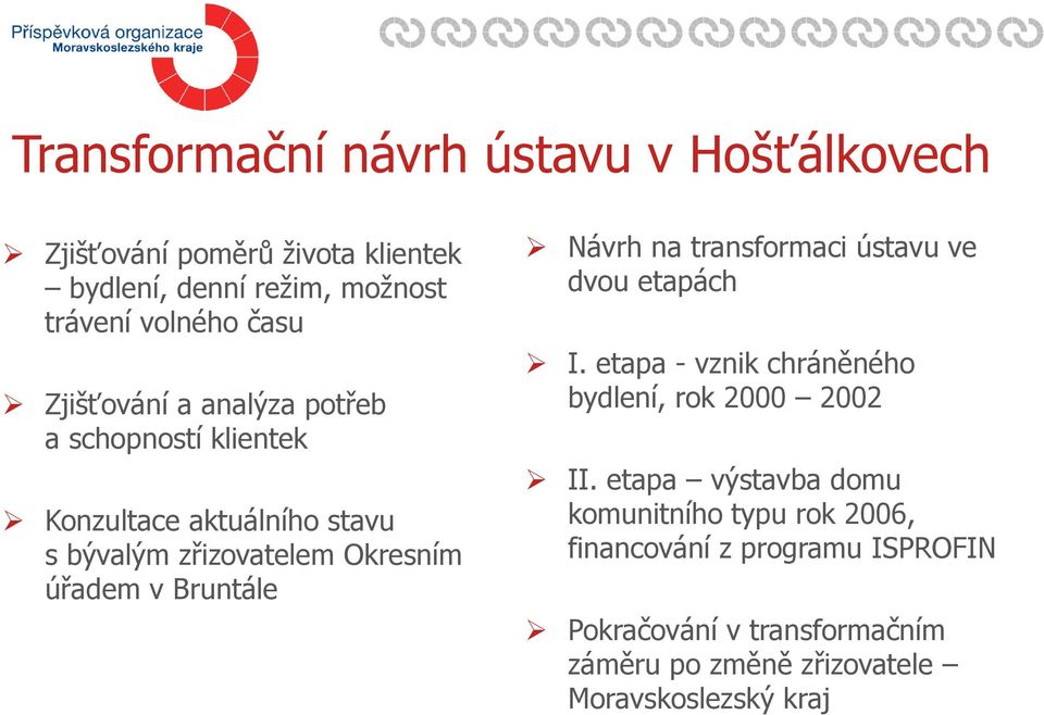 Návrh na transformaci ústavu ve dvou etapách I. etapa - vznik chráněného bydlení, rok 2000 2002 II.