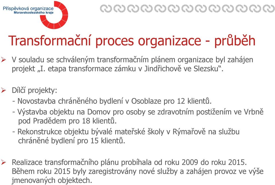 - Výstavba objektu na Domov pro osoby se zdravotním postižením ve Vrbně pod Pradědem pro 18 klientů.