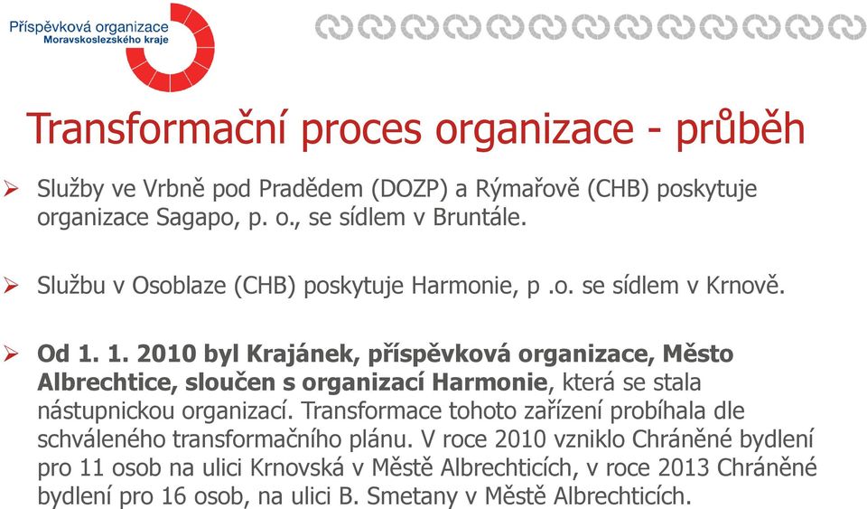 1. 2010 byl Krajánek, příspěvková organizace, Město Albrechtice, sloučen s organizací Harmonie, která se stala nástupnickou organizací.