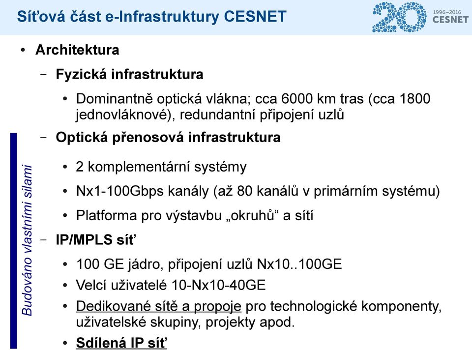 Nx1-100Gbps kanály (až 80 kanálů v primárním systému) Platforma pro výstavbu okruhů a sítí IP/MPLS síť 100 GE jádro, připojení uzlů