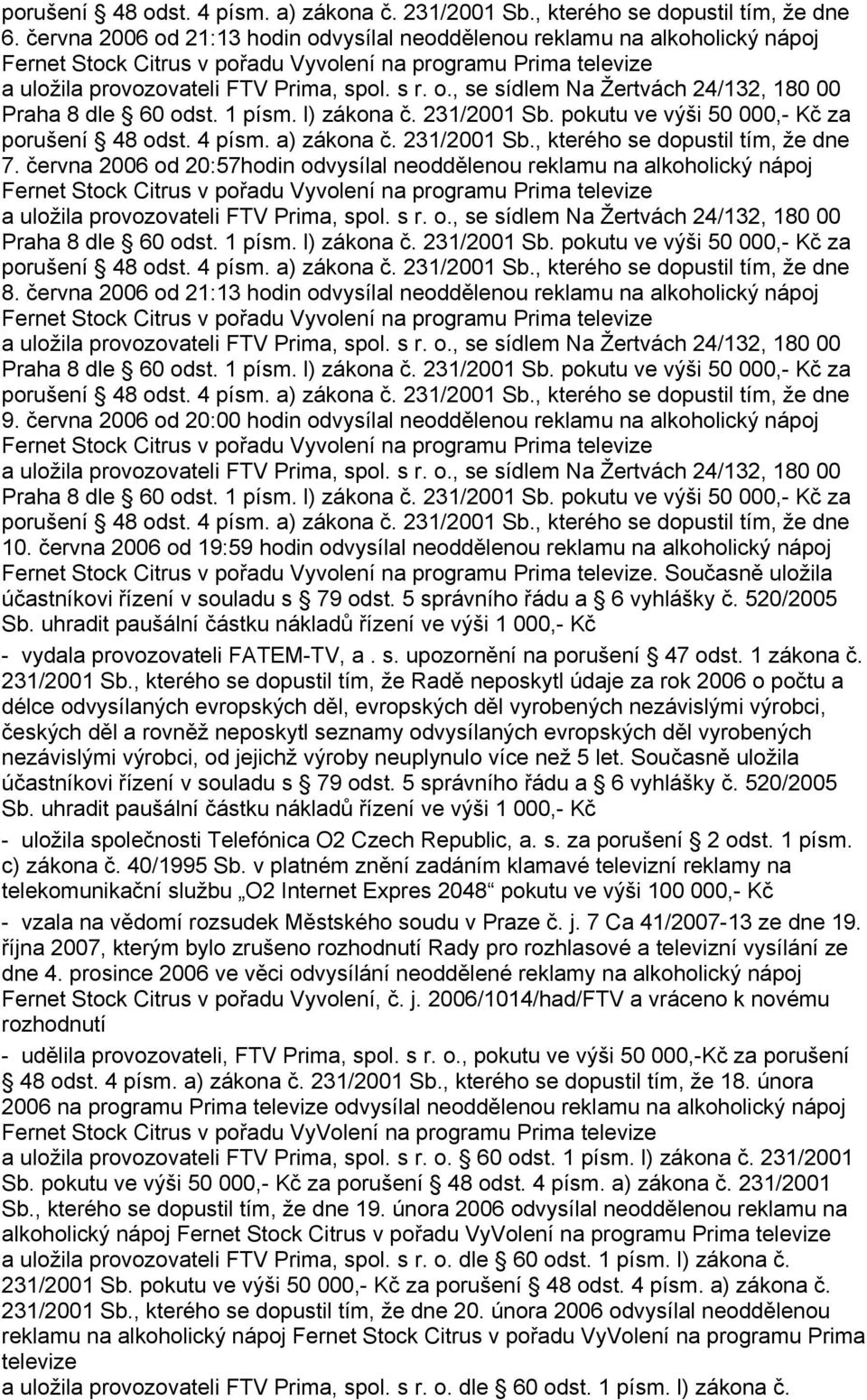 června 2006 od 21:13 hodin odvysílal neoddělenou reklamu na alkoholický nápoj Fernet Stock Citrus v pořadu Vyvolení na programu Prima 9.