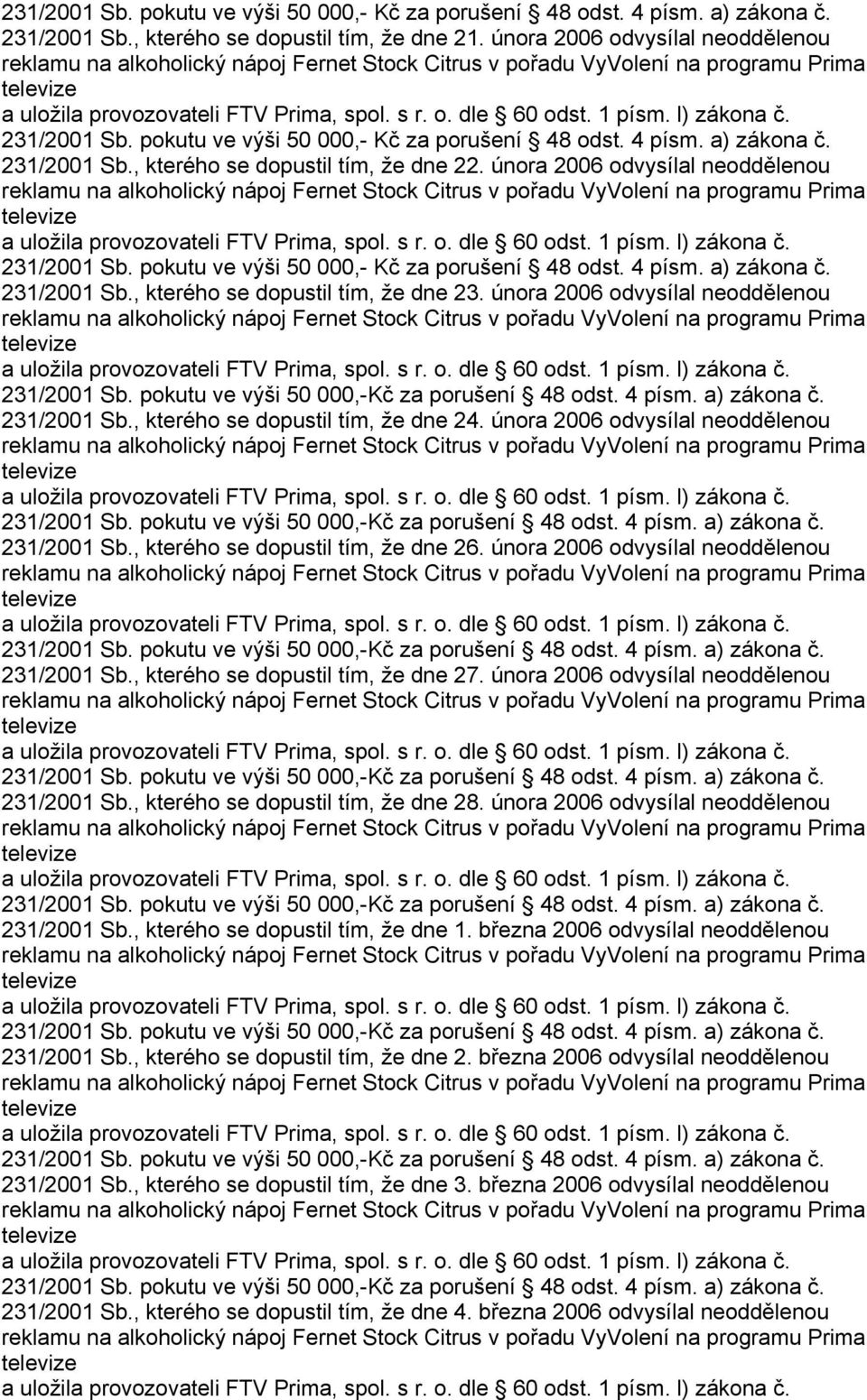 pokutu ve výši 50 000,- Kč za porušení 48 odst. 4 písm. a) zákona č. 231/2001 Sb., kterého se dopustil tím, že dne 23. února 2006 odvysílal neoddělenou 231/2001 Sb.