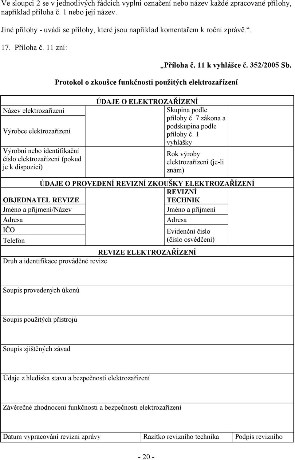11 zní: Název elektrozařízení Výrobce elektrozařízení Výrobní nebo identifikační číslo elektrozařízení (pokud je k dispozici) Příloha č. 11 k vyhlášce č. 352/2005 Sb.