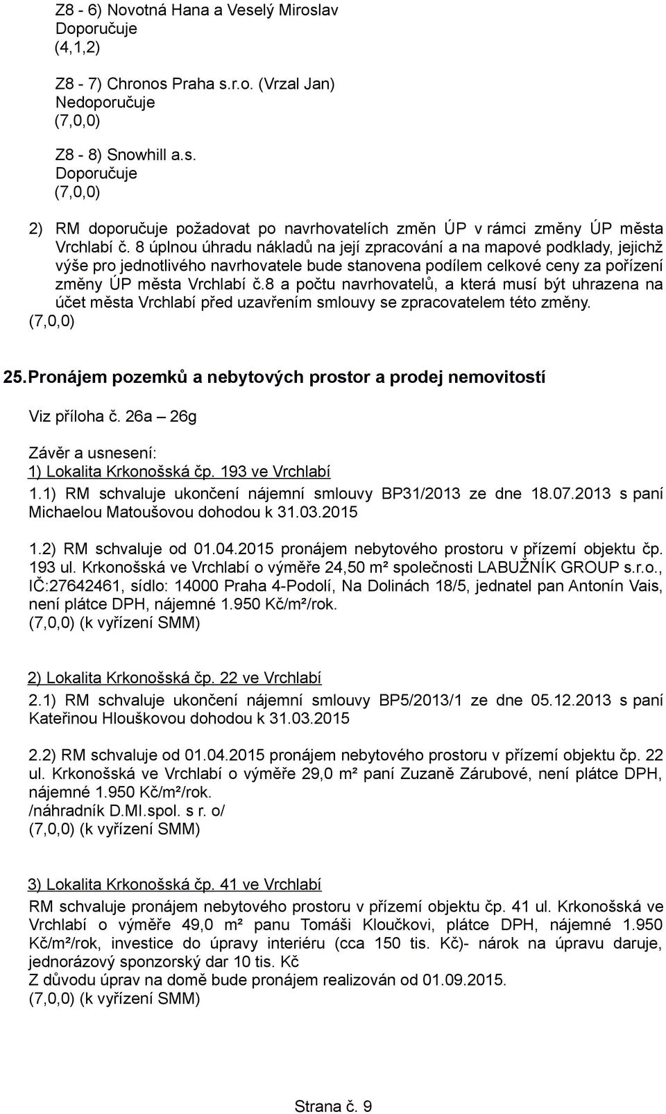 8 a počtu navrhovatelů, a která musí být uhrazena na účet města Vrchlabí před uzavřením smlouvy se zpracovatelem této změny. (7,0,0) 25.