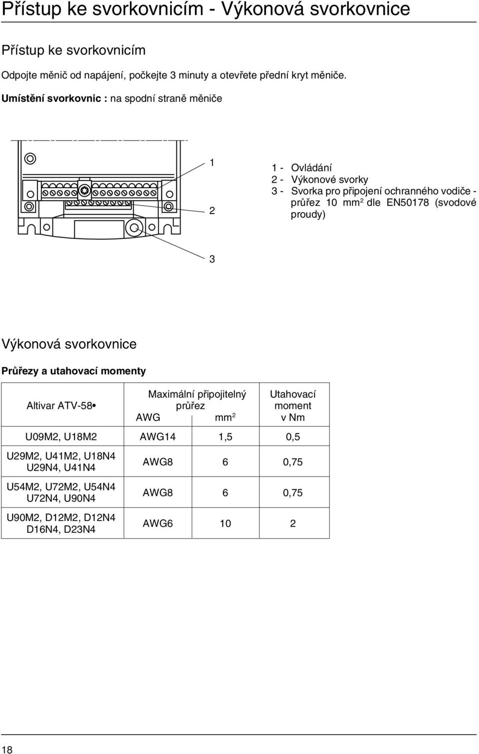 EN50178 (svodové proudy) 3 Výkonová svorkovnice Průřezy a utahovací momenty Maximální připojitelný Utahovací Altivar ATV-58 průřez moment AWG mm 2 v Nm