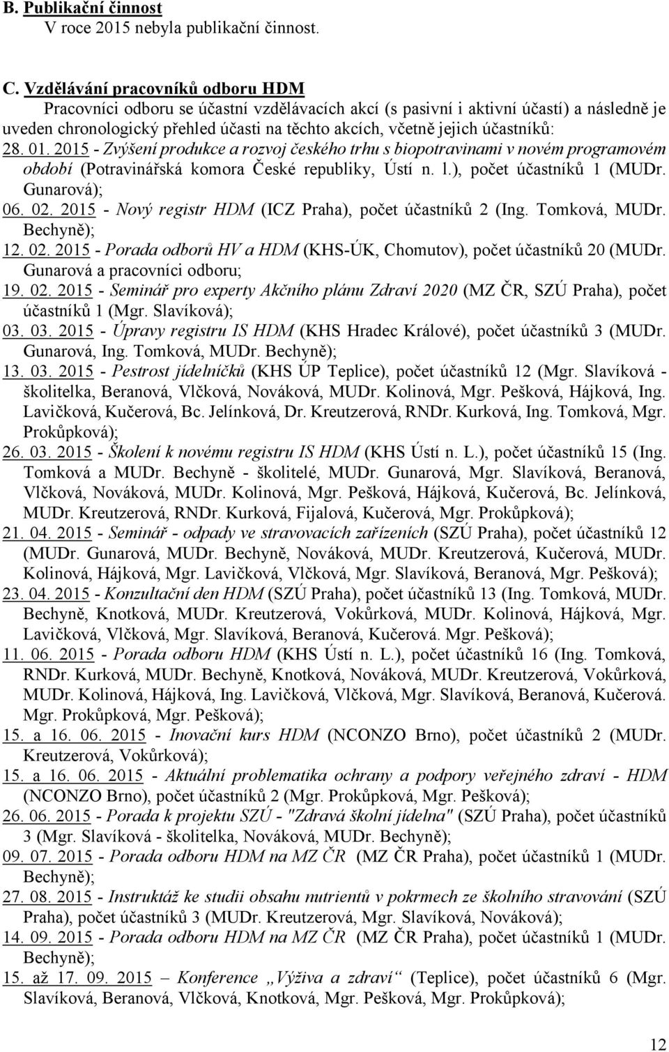 účastníků: 28. 01. 2015 - Zvýšení produkce a rozvoj českého trhu s biopotravinami v novém programovém období (Potravinářská komora České republiky, Ústí n. l.), počet účastníků 1 (MUDr. Gunarová); 06.