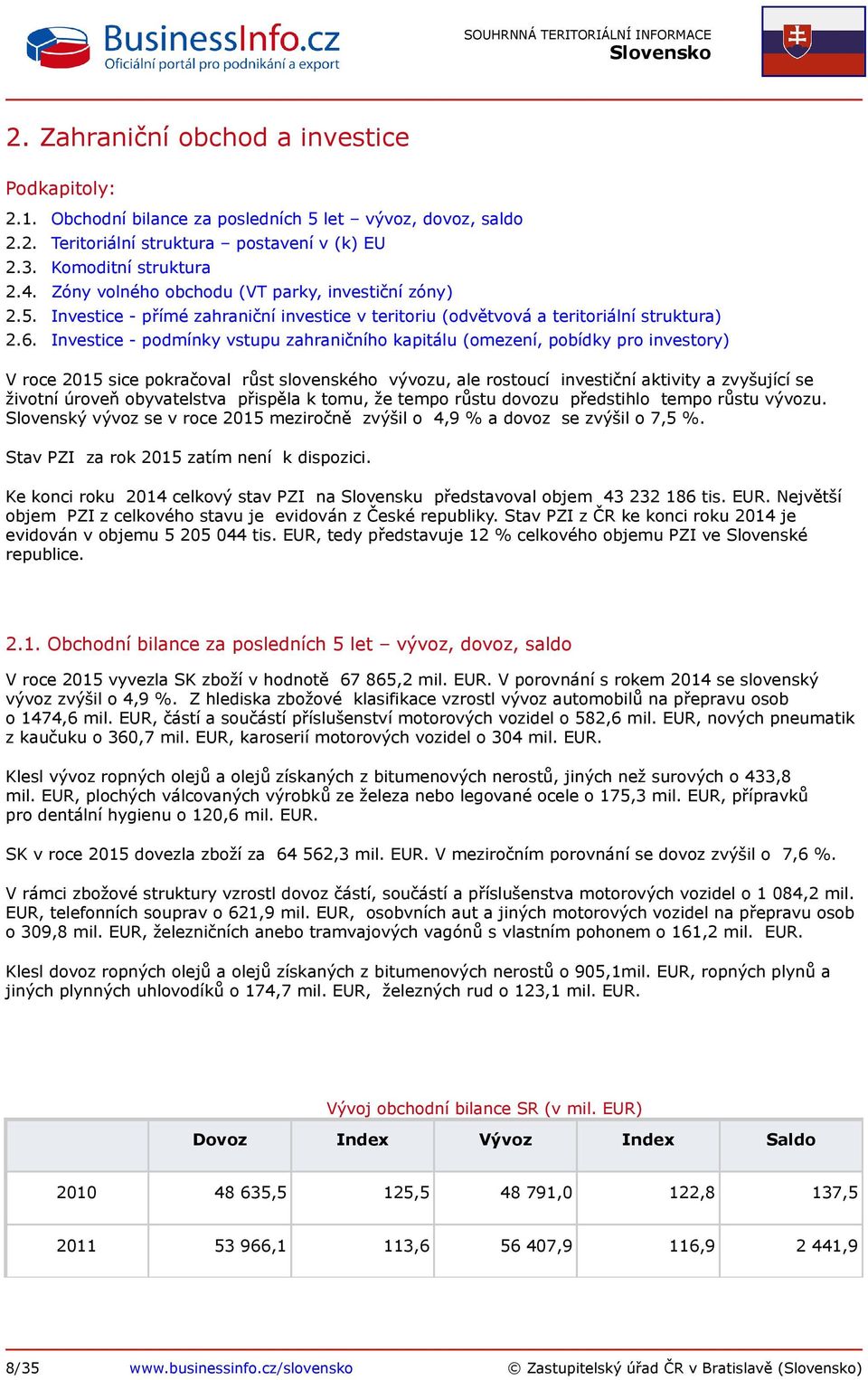 Investice - podmínky vstupu zahraničního kapitálu (omezení, pobídky pro investory) V roce 2015 sice pokračoval růst slovenského vývozu, ale rostoucí investiční aktivity a zvyšující se životní úroveň