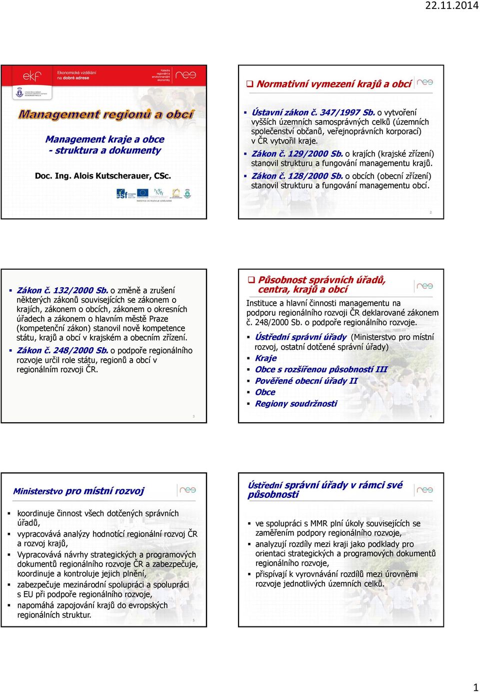 o krajích (krajské zřízení) stanovil strukturu a fungování managementu krajů. Zákon č. 128/2000 Sb. o obcích (obecní zřízení) stanovil strukturu a fungování managementu obcí. 2 Zákon č. 132/2000 Sb.