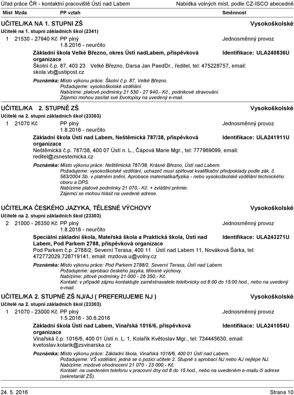 , ředitel, tel: 475228757, email: skola.vb@ustipost.cz Poznámka: Místo výkonu práce: Školní č.p. 87, Velké Březno. Požadujeme: vysokoškolské vzdělání. Nabízíme: platové podmínky 21 530-27 940,- Kč.