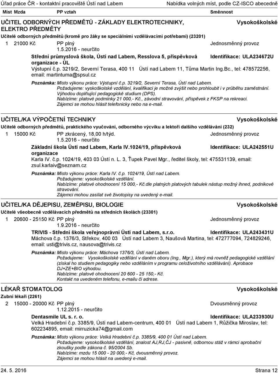 Bc., tel: 478572256, email: martintuma@spsul.cz Poznámka: Místo výkonu práce: Výstupní č.p. 3219/2, Severní Terasa, Ústí nad Labem.