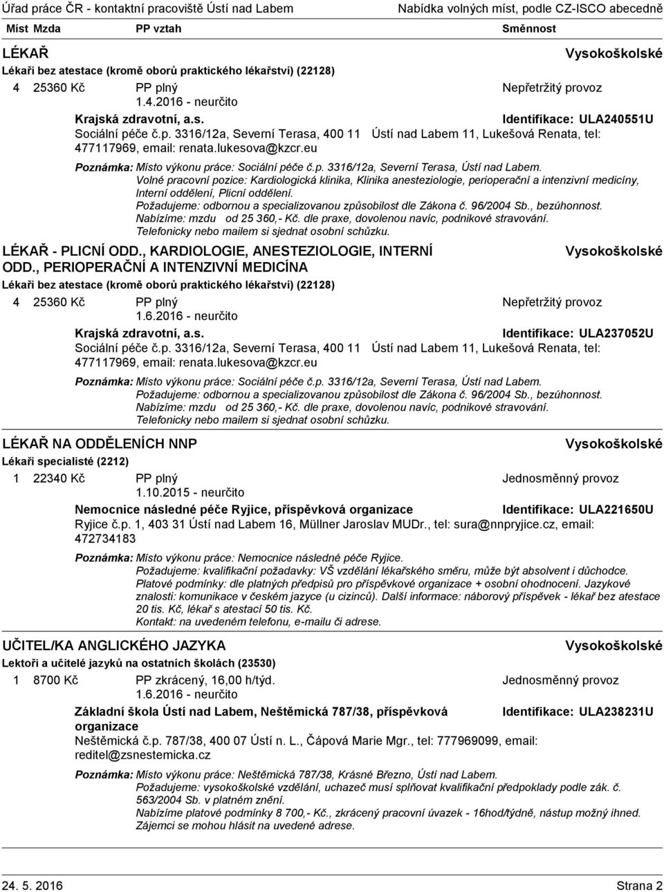 Volné pracovní pozice: Kardiologická klinika, Klinika anesteziologie, perioperační a intenzivní medicíny, Interní oddělení, Plicní oddělení.