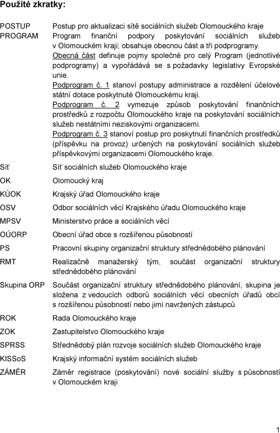 1 stanoví postupy administrace a rozdělení účelové státní dotace poskytnuté Olomouckému kraji. Podprogram č.