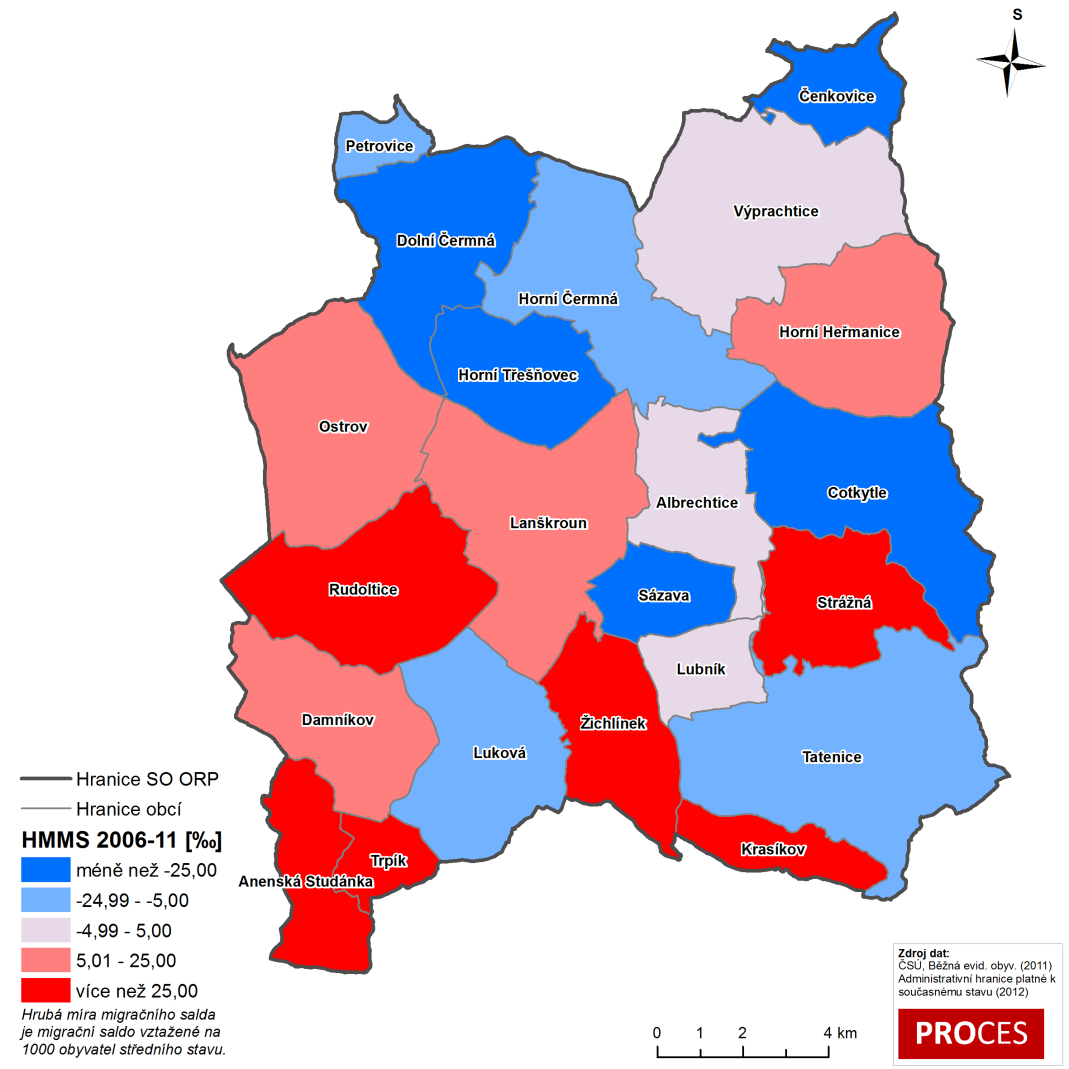 Mapa 3.3.2: Hrubá míra migračního salda v letech 2006 2011 Data za přirozenou měnu obyvatel a migraci za obce správního obvodu ORP Lanškroun jsou uvedeny v příloze (Tabulka B 12).