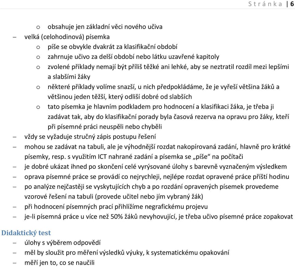 dbré d slabších tat písemka je hlavním pdkladem pr hdncení a klasifikaci žáka, je třeba ji zadávat tak, aby d klasifikační prady byla časvá rezerva na pravu pr žáky, kteří při písemné práci neuspěli