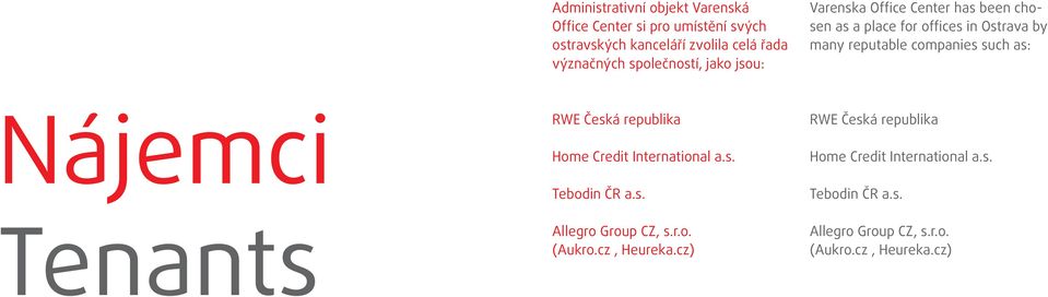 such as: Nájemci Tenants RWE Česká republika Home Credit International a.s. Tebodin ČR a.s. Allegro Group CZ, s.r.o. (Aukro.