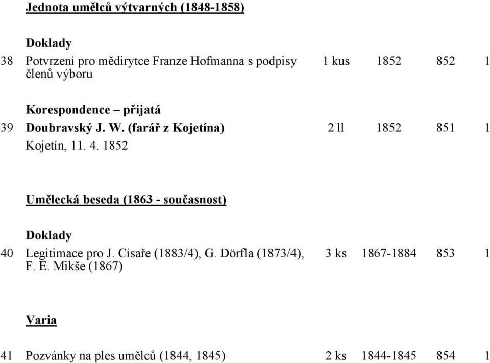 1852 2 ll 1852 851 1 Umělecká beseda (1863 - současnost) 40 Legitimace pro J. Císaře (1883/4), G.